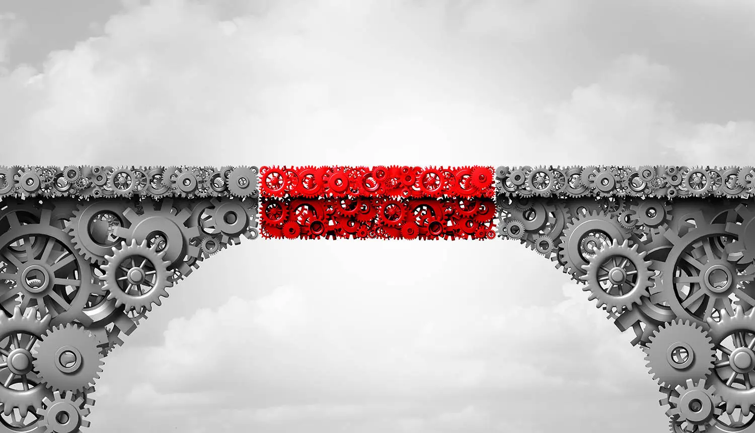 API koppeling brug Twee bruggen gekoppeld met rood tussenstuk wat een API koppeling voorstelt